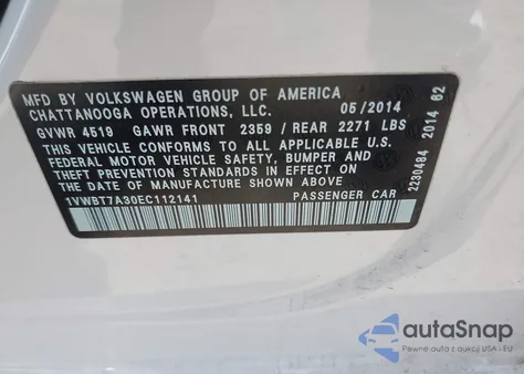 2014 Volkswagen Passat 1.8T Sport from USA, damaged, VIN 1VWBT7A30EC112141